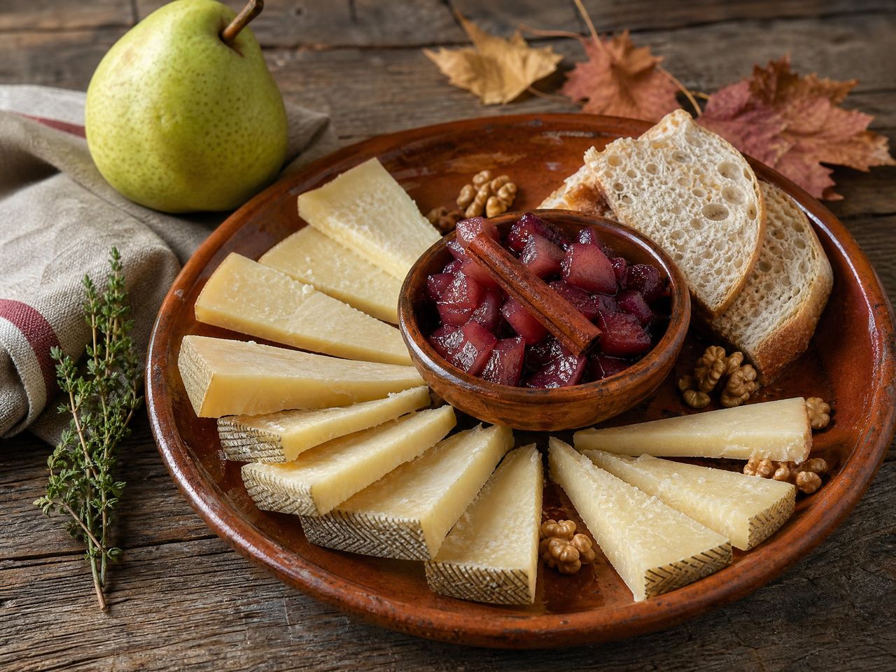 Manchego ja punaviinissä haudutettu päärynähilloke